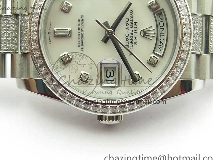 0516 Day-Date 36mm 128239 SS Crystal BP Best Edition White MOP Crystal Marker Dial on SS President Bracelet A MoistureWicking 2682